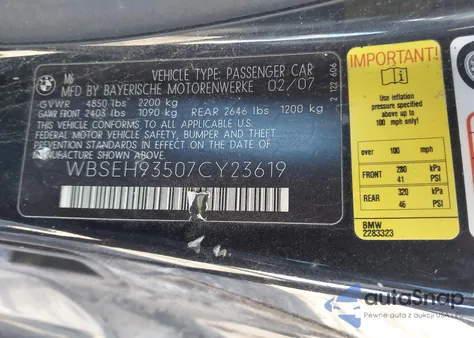 2007 BMW M6 z USA, uszkodzony, nr VIN WBSEH93507CY23619